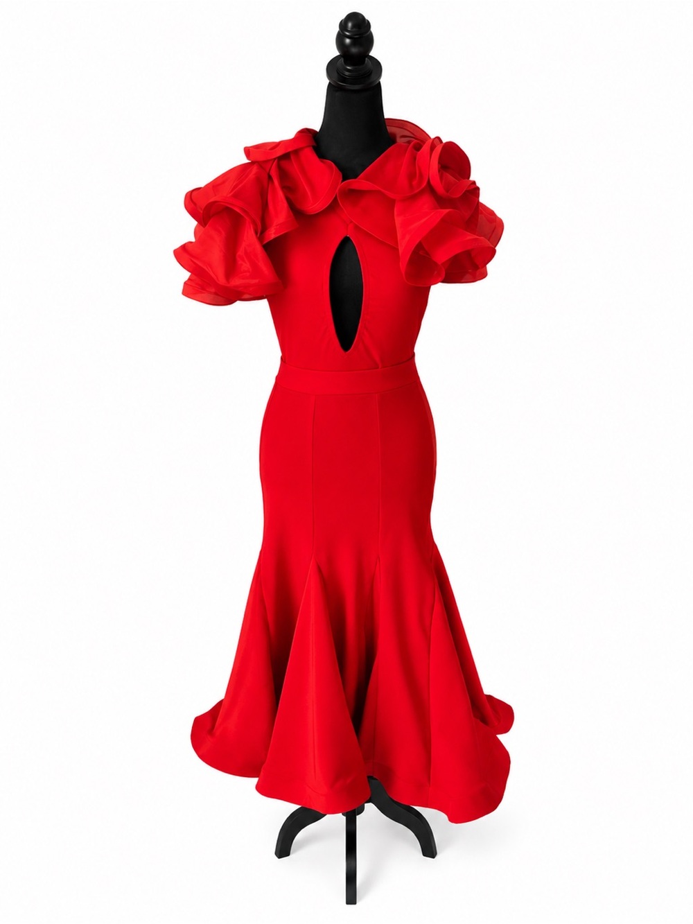 DANZA Red Ballroom Dance Dress w/ Detachable Organza Ruffle Sleeves | XS